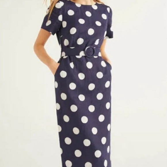 Boden hazel polka dot dress navy blue/white matching belted pencil midi wiggle - Picture 4 of 6